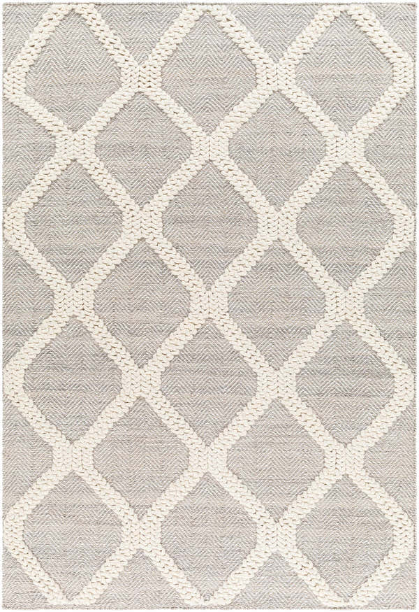 Close-up of the Adora Area Rug. Bone geometric pattern on a cloud gray background. Hand woven texture. Design-Rectangle-576