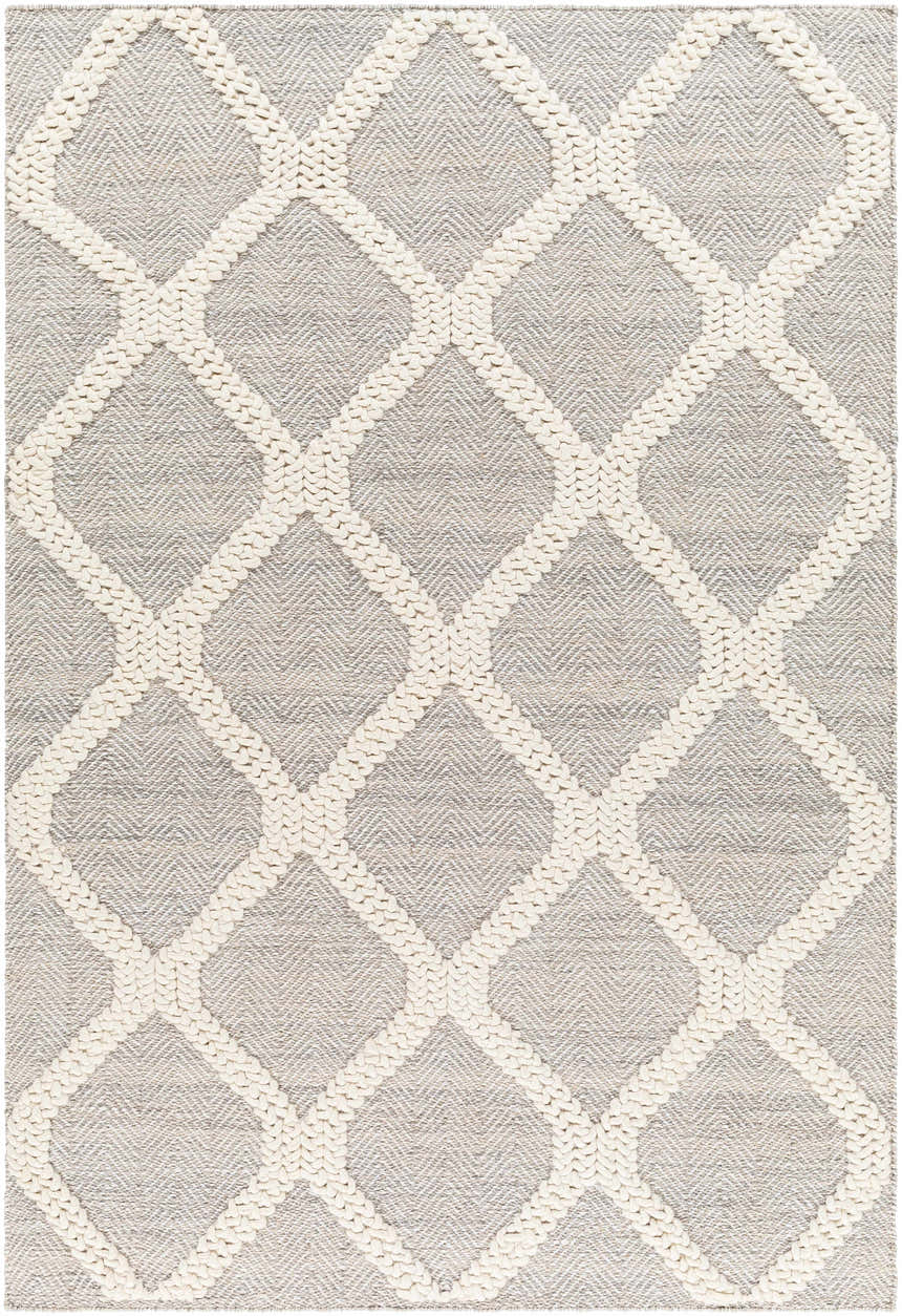 Close-up of the Adora Area Rug. Bone geometric pattern on a cloud gray background. Hand woven texture. Design-Rectangle-576