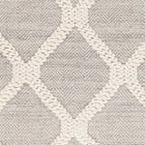 Close-up of the Adora Area Rug. Hand-woven geometric design in bone white against a cloud gray herringbone pattern. Swatch