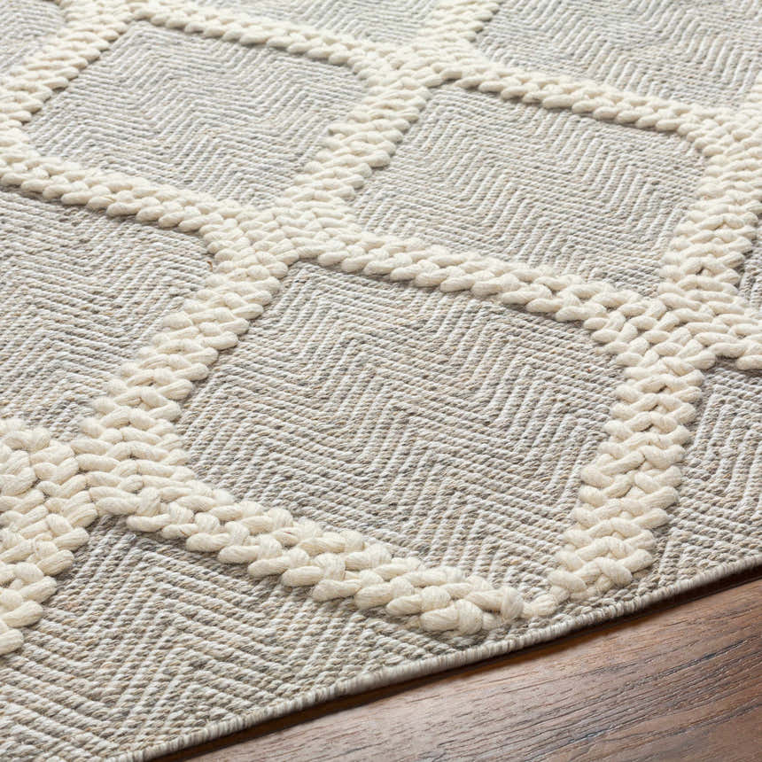 Close-up of Adora Area Rug in bone and gray with a geometric pattern and braided texture. Texture