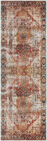 Detailed view of the Adtugan Vintage Flat Pile Washable Rug, featuring burgundy, navy, and rust colors in an oriental pattern. Design-Runner-268