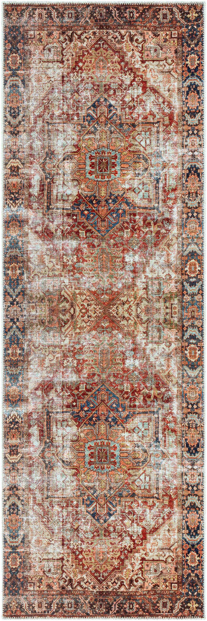 Detailed view of the Adtugan Vintage Flat Pile Washable Rug, featuring burgundy, navy, and rust colors in an oriental pattern. Design-Runner-268
