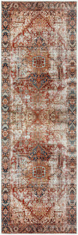 Close-up of the Adtugan Vintage Flat Pile Washable Rug, featuring a faded traditional pattern in burgundy, navy, and off-white. Design-Runner-27710