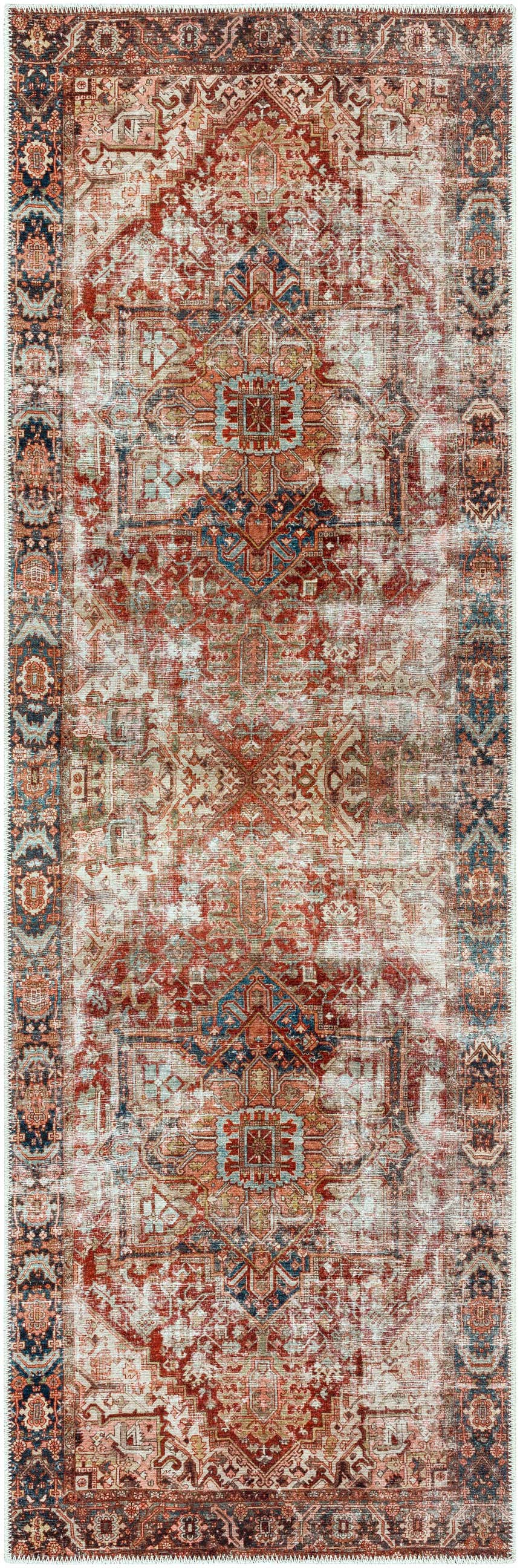 Close-up of the Adtugan Vintage Flat Pile Washable Rug, featuring a faded traditional pattern in burgundy, navy, and off-white. Design-Runner-27710