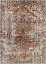 Detailed Adtugan Vintage Flat Pile Washable Rug. Traditional oriental design in burgundy, navy, and tan with a distressed texture. Design-Rectangle-5373