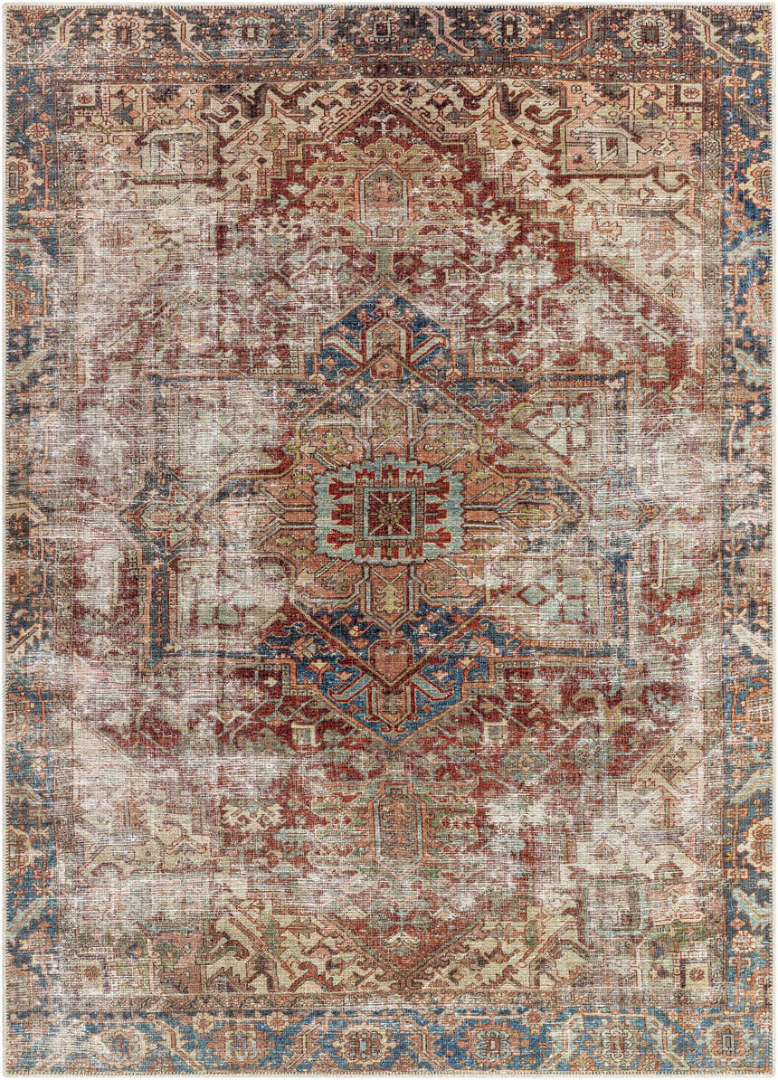 Detailed Adtugan Vintage Flat Pile Washable Rug. Traditional oriental design in burgundy, navy, and tan with a distressed texture. Design-Rectangle-5373