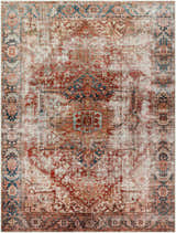Close-up of the Adtugan Vintage Flat Pile Washable Rug. Features burgundy, navy, and off-white colors in an oriental pattern. Design-Rectangle-710102