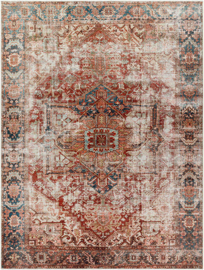 Close-up of the Adtugan Vintage Flat Pile Washable Rug. Features burgundy, navy, and off-white colors in an oriental pattern. Design-Rectangle-710102