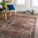 Living room scene with the Adtugan Vintage Flat Pile Washable Rug in burgundy, blue, and brown tones. Modern farmhouse style. Roomscene-Rectangle