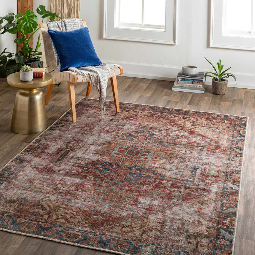 Living room scene with the Adtugan Vintage Flat Pile Washable Rug in burgundy, blue, and brown tones. Modern farmhouse style. Roomscene-Rectangle