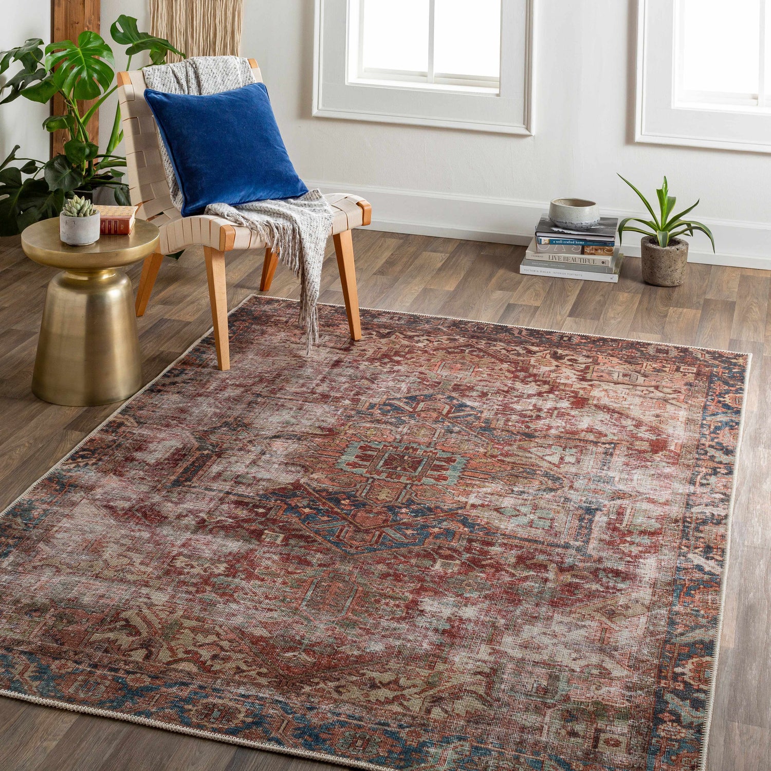 Living room scene with the Adtugan Vintage Flat Pile Washable Rug in burgundy, blue, and brown tones. Modern farmhouse style. Roomscene-Rectangle