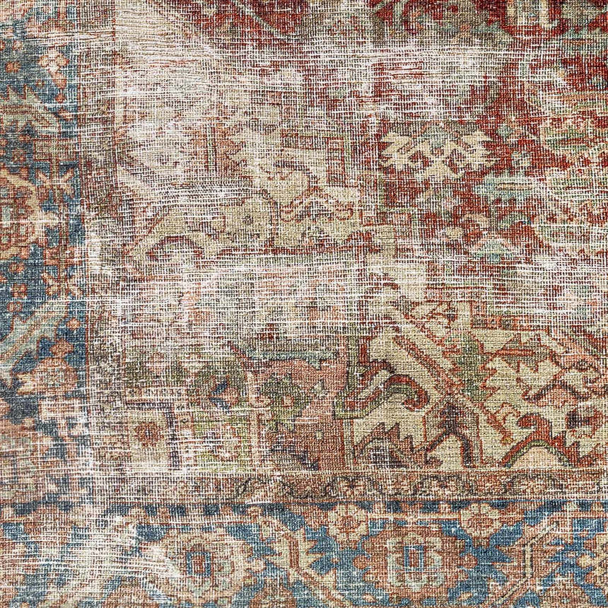 Close-up of the Adtugan Vintage Flat Pile Washable Rug, showcasing its burgundy, blue, and beige oriental pattern and flat weave. Swatch