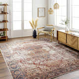 Living room scene with Adtugan Vintage Flat Pile Washable Rug in burgundy, brown, and navy. Farmhouse style with wood furniture. Roomscene-Rectangle