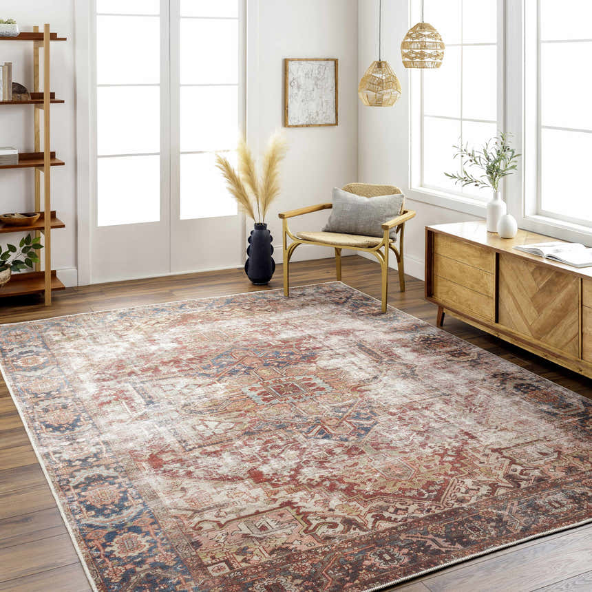 Living room scene with Adtugan Vintage Flat Pile Washable Rug in burgundy, brown, and navy. Farmhouse style with wood furniture. Roomscene-Rectangle