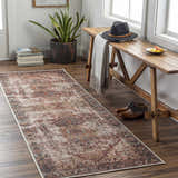 Entryway with Adtugan Vintage Flat Pile Washable Rug. Rustic wood bench with hat, books, and shoes. Farmhouse style. Roomscene-Runner