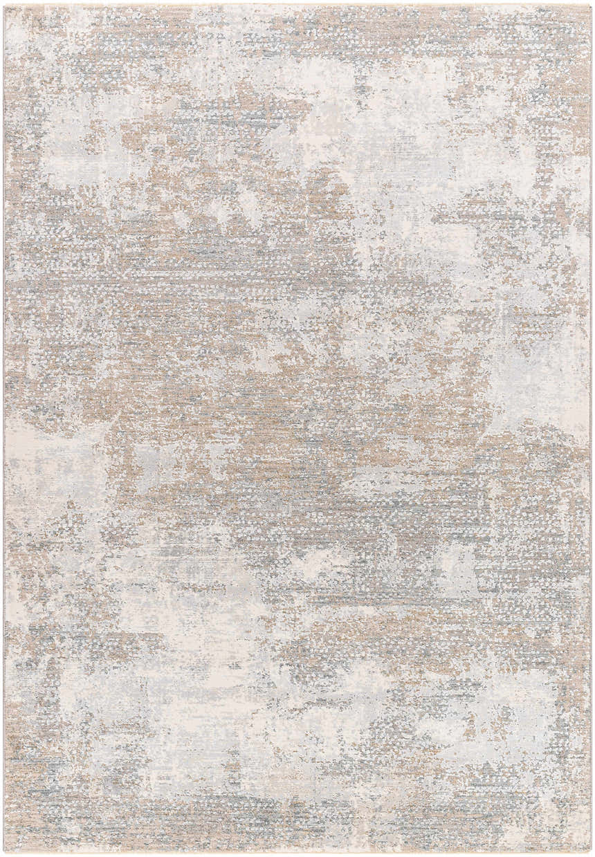 Close-up of the Adwoa Boutique Rug, featuring a contemporary abstract design in cloud gray, nutmeg, and light gray tones. Design-Rectangle-575