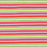 Close-up of Ahsahka Area Rug. Hand woven rug with grass green, ivory, mauve, orange, and pink stripes. Swatch