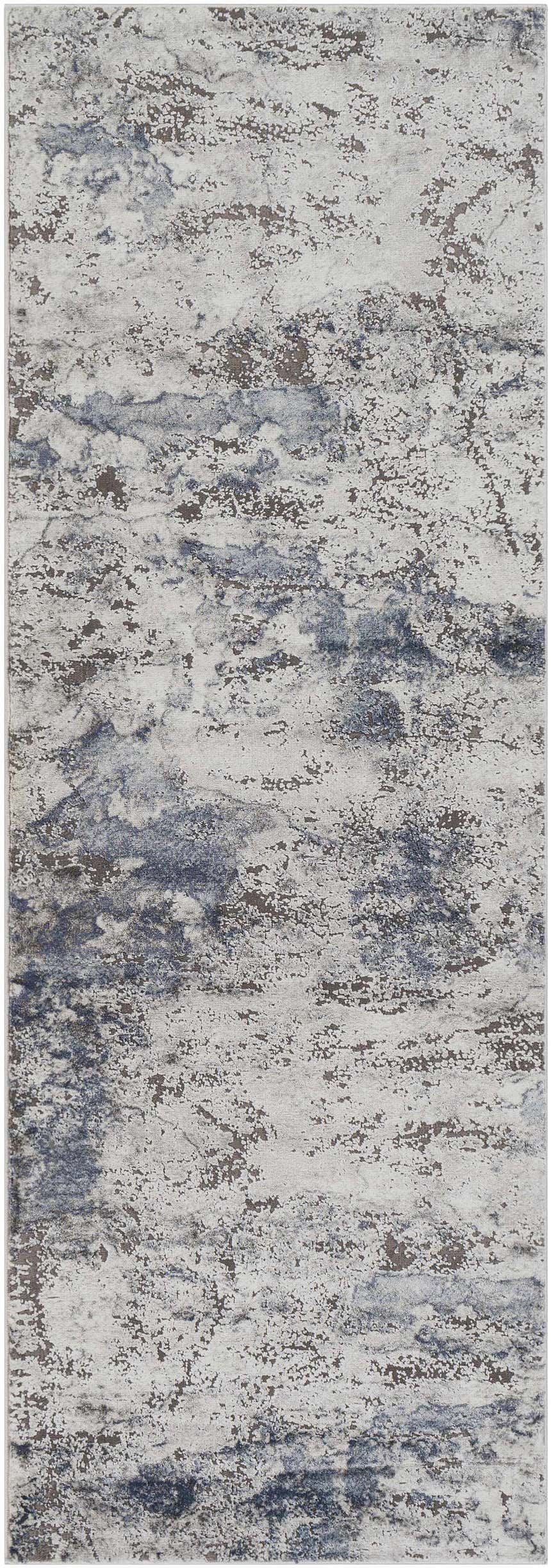Close-up of the Ainslie Gray Marble Rug. Abstract design with charcoal, dark blue, and white hues. Contemporary style. Design-Runner-2777