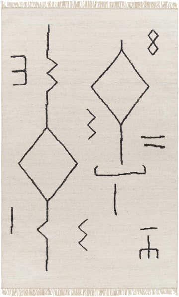 Close-up of AISHA Area Rug. Cream rug with hand woven, black geometric shapes. Contemporary style with fringe. Design-Rectangle-576