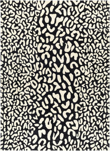 Close-up of the Akeem Leopard Print Area Rug. Black rug with a beige leopard print design. Hand-tufted 100% wool. Design-Rectangle-811