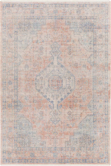 Close-up of the Akio Area Rug - Clearance. Traditional rug design in dark blue, ivory, light blue, light gray, and red. Design-Rectangle-537
