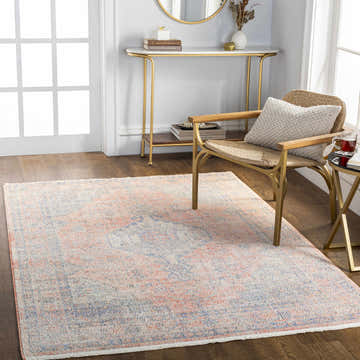 Entryway with Akio Area Rug in dark blue, ivory, light blue, light gray, light pink, and red. Farmhouse style with gold accents. Roomscene-Rectangle