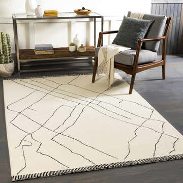 Living room scene with Alaca Arsenal Cream Hand Tufted Wool Area Rug, gray chair, console table, and dark wood floors. Roomscene-Rectangle