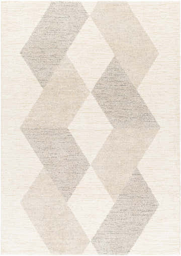 Close up of the Alake Luxe Rug, a contemporary rug with a geometric diamond pattern in beige, gray, and cream. Design-Rectangle-5373