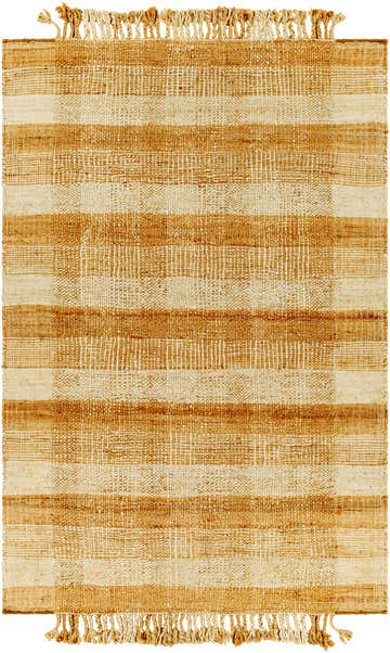 Close-up of the Alara Area Rug. Hand-woven jute rug with light beige and tan stripes and fringe. Geometric, farmhouse style. Design-Rectangle-576