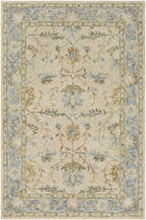 Detailed beige Albert Luxury Wool Rug with a traditional floral and leaf pattern in charcoal, ice blue, and wheat. Design-Rectangle-576