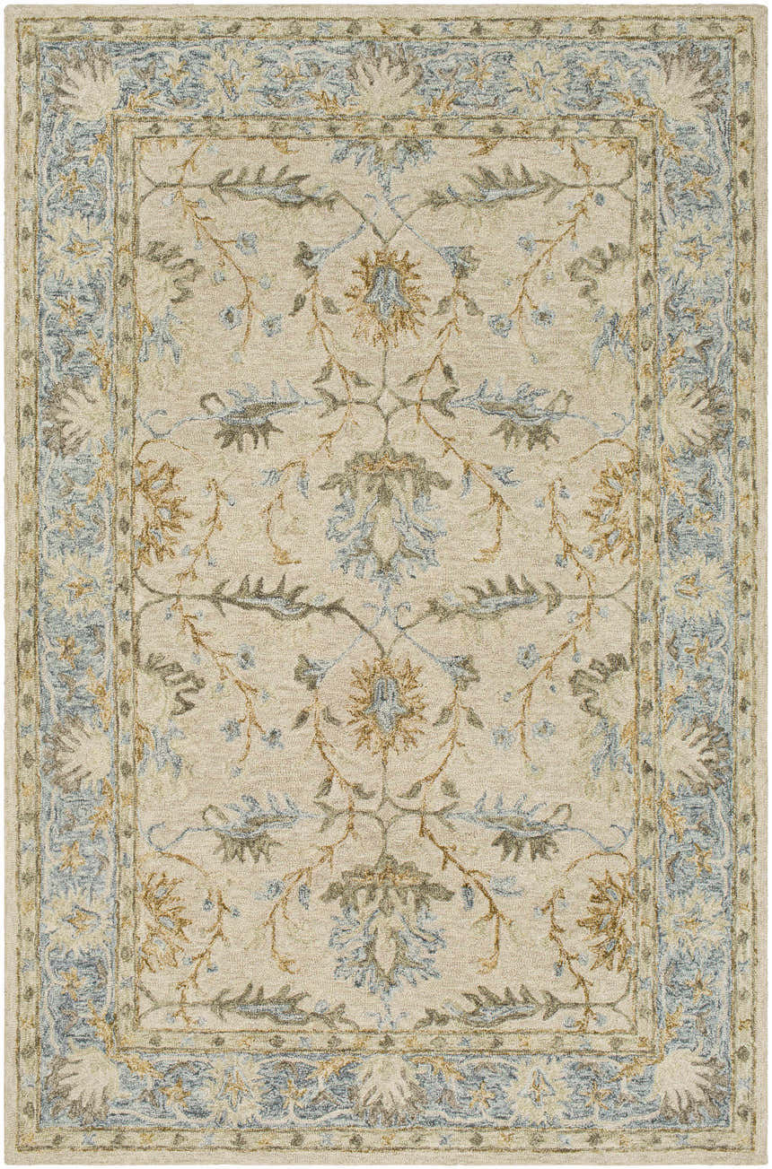 Detailed beige Albert Luxury Wool Rug with a traditional floral and leaf pattern in charcoal, ice blue, and wheat. Design-Rectangle-576