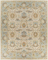 Close-up of the Albert Luxury Wool Rug. Hand-tufted with beige, charcoal, ice blue, and wheat floral patterns. Design-Rectangle-810