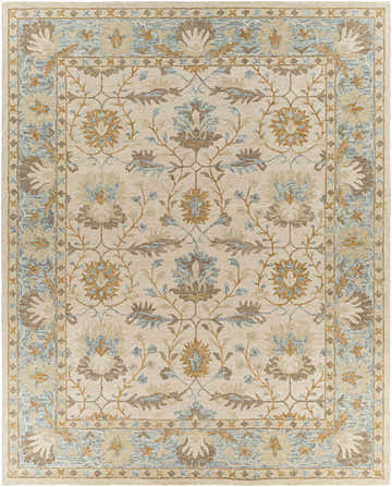Close-up of the Albert Luxury Wool Rug. Hand-tufted with beige, charcoal, ice blue, and wheat floral patterns. Design-Rectangle-810