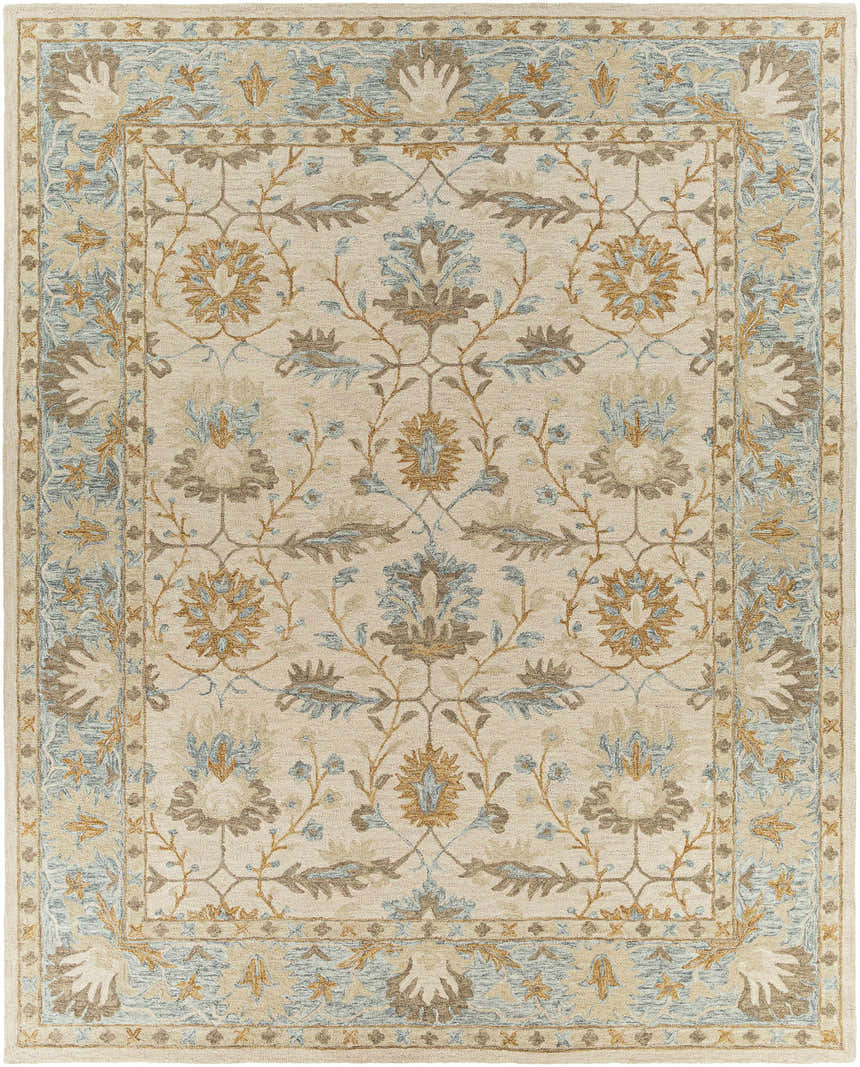Close-up of the Albert Luxury Wool Rug. Hand-tufted with beige, charcoal, ice blue, and wheat floral patterns. Design-Rectangle-810
