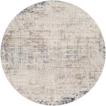 Round Alcove Abstract Area Rug with a distressed pattern in dark blue, gray, ice blue, and ivory. Design-Round-67