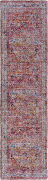 Close-up of the Alcoy Washable Area Rug. Features a traditional, multi-brown, dark purple, and pale pink oriental design. Design-Runner-2710