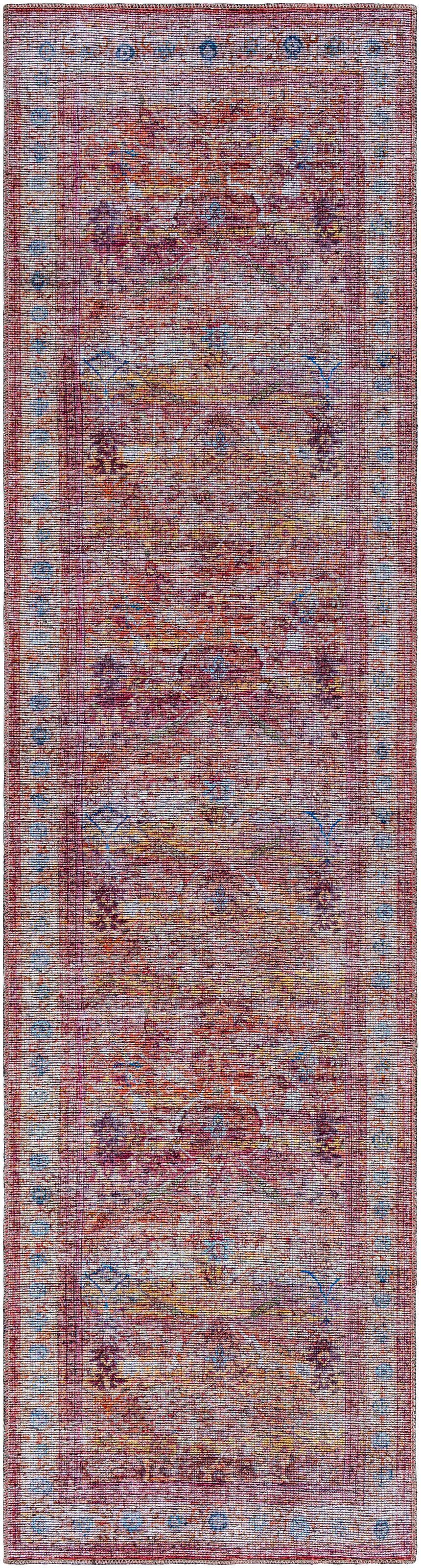 Close-up of the Alcoy Washable Area Rug. Features a traditional, multi-brown, dark purple, and pale pink oriental design. Design-Runner-2710