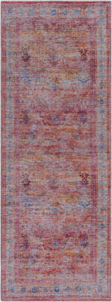 Close-up of the Alcoy Washable Area Rug. Features traditional floral motifs in dark purple, brown, pink, and blue hues. Design-Runner-2773