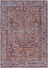 Close-up of the Alcoy Washable Area Rug. Farmhouse style rug in dark purple, multi brown, pale pink, and white thatch. Design-Rectangle-5373