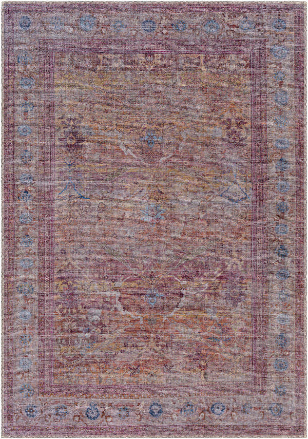 Close-up of the Alcoy Washable Area Rug. Farmhouse style rug in dark purple, multi brown, pale pink, and white thatch. Design-Rectangle-5373