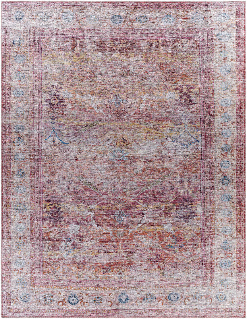 Alcoy Washable Area Rug, a traditional style rug with dark purple, brown, pink, and white floral and geometric patterns. Design-Rectangle-710102