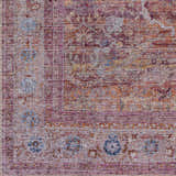Close-up of the Alcoy Washable Area Rug. Features dark purple, brown, pink, and white thatch colors in an oriental pattern. Swatch