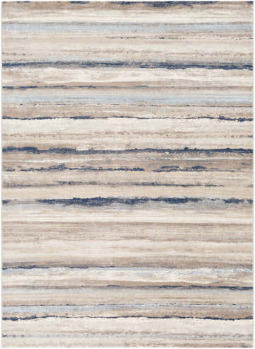 Close-up of the Aldavilla Abstract Striped Area Rug. Features gray, light blue, navy, and off white horizontal stripes. Design-Rectangle-5371