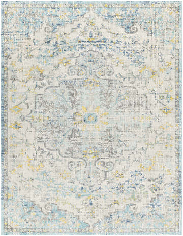 Close-up of the Aleknagik Area Rug. Features a light beige base with charcoal, gray, mustard, and teal vintage-style pattern. Design-Rectangle-710103
