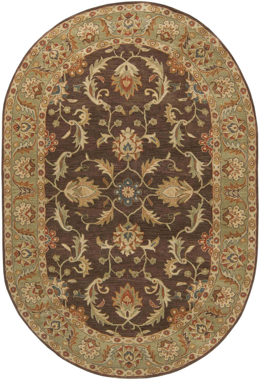 Oval Alexander Brown Regency Wool Carpet with a traditional floral pattern in brown, beige, olive, and brick red. Design-Oval-69