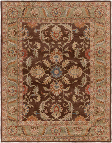 Detailed view of the Alexander Brown Regency Wool Carpet, featuring a traditional floral pattern in brown, beige, olive, and red tones. Design-Rectangle-7696