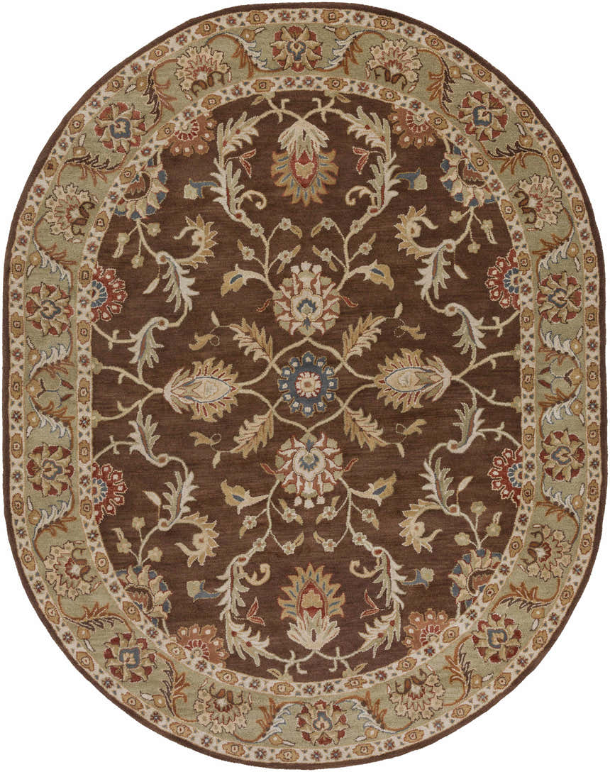 Oval Alexander Brown Regency Wool Carpet with a brown floral pattern and olive green border. Design-Oval-810