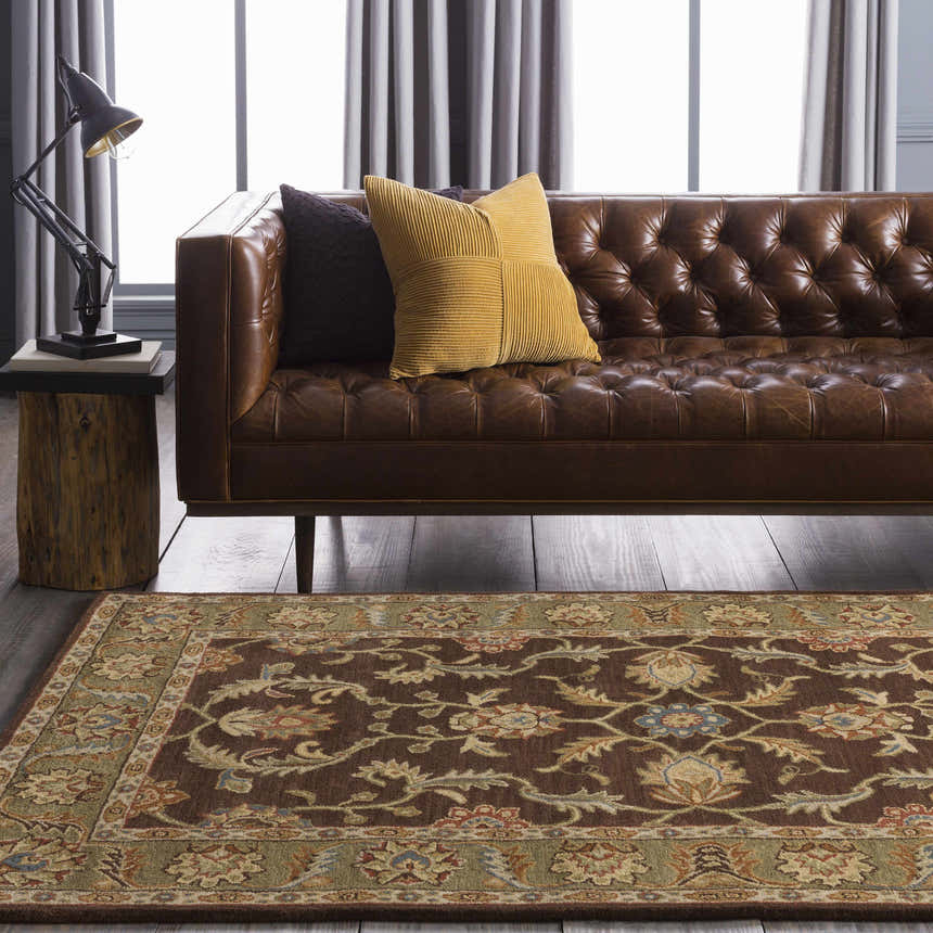 Living room scene with brown leather couch and Alexander Brown Regency Wool Carpet. Traditional, oriental style. Roomscene-Rectangle