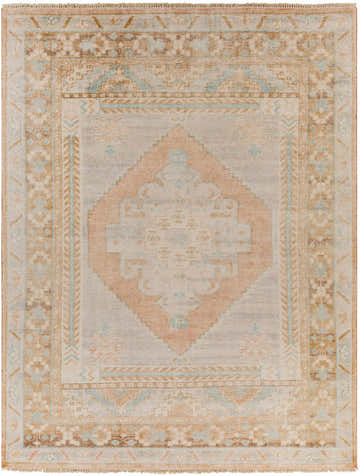 Close-up of the hand-knotted Aliang Premium Rug. Traditional oriental design in cream, tan, blue, and pink wool. Design-Rectangle-810