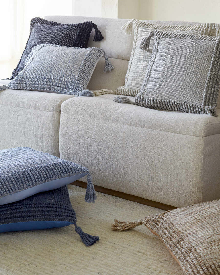 Aerin Pale Blue Linear Pattern Modern Recycled PET Yarn Outdoor Accent Pillow - Clearance